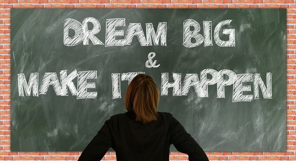 dream big and make it happen written down on a blackboard; self-esteem